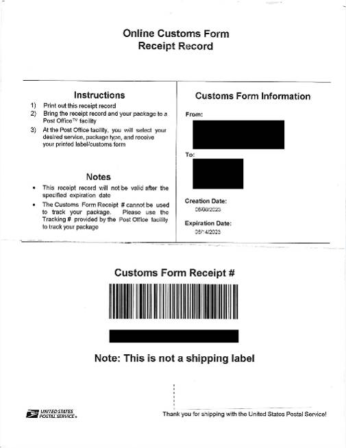 USPS Customs Form Receipt